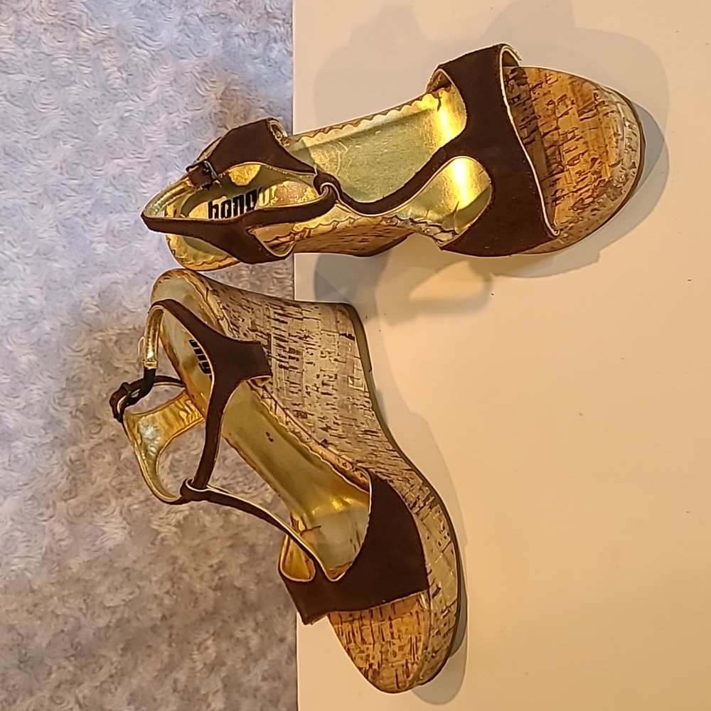 Cork and brown suede wedges